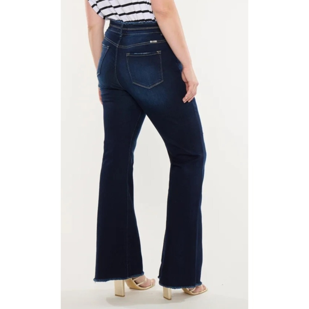 Kancan Gill High Rise Flare Jeans Dark Wash Distressed Raw Hem Size 13 / 30 - Picture 13 of 16
